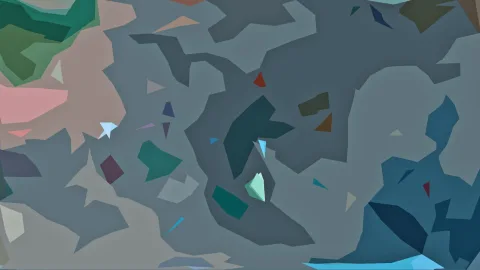 Abstrakte Komposition aus unregelmäßigen flachen Formen in Grau, Petrol, Blau, Rosa und Grün auf grauem Grund.