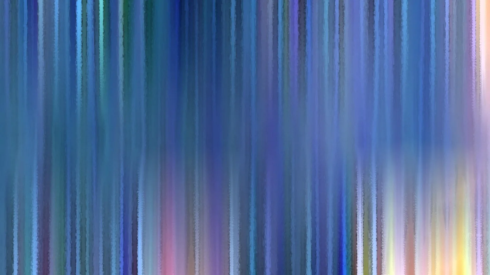 Abstrakte Komposition aus senkrechten, verwischten Streifen in Blau-, Violett- und Grüntönen, rechts unten warm gelb und rosa aufleuchtend.