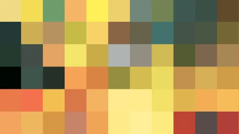 Mosaik aus quadratischen Farbfeldern in Gelb, Orange, Grün, Braun und Rot, in sechs Reihen angeordnet.