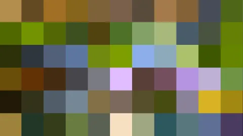 Abstraktes Raster aus farbigen Quadraten in Grün, Braun, Blau, Grau, Lila und Gelb, ohne erkennbares Motiv.