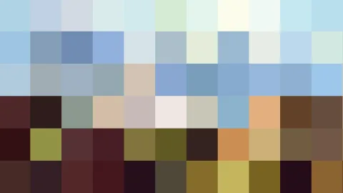 Rechteckiges Raster aus farbigen Pixelblöcken: oben helle Blautöne, in der Mitte Grau- und Blautöne, unten Braun-, Oliv- und Dunkelrottöne.