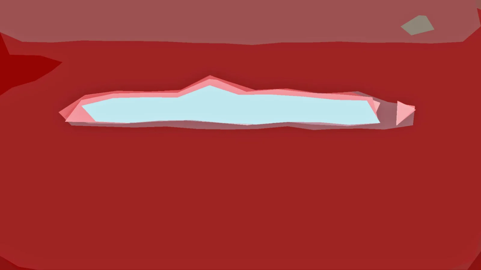 Abstrakte Komposition aus roten Flächen mit einer länglichen hellblauen Form in der Mitte, umrandet von rosa und grauen Übergängen.