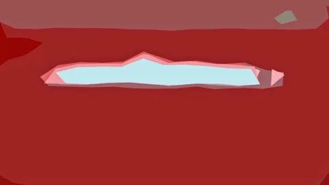 Abstrakte Komposition aus roten Flächen mit einer länglichen hellblauen Form in der Mitte, umrandet von rosa und grauen Übergängen.