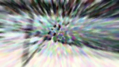 Abstrakte Komposition mit radial nach außen laufenden, verwischten Streifen in Pastellfarben, im Zentrum sammeln sich dunkle Punkte.