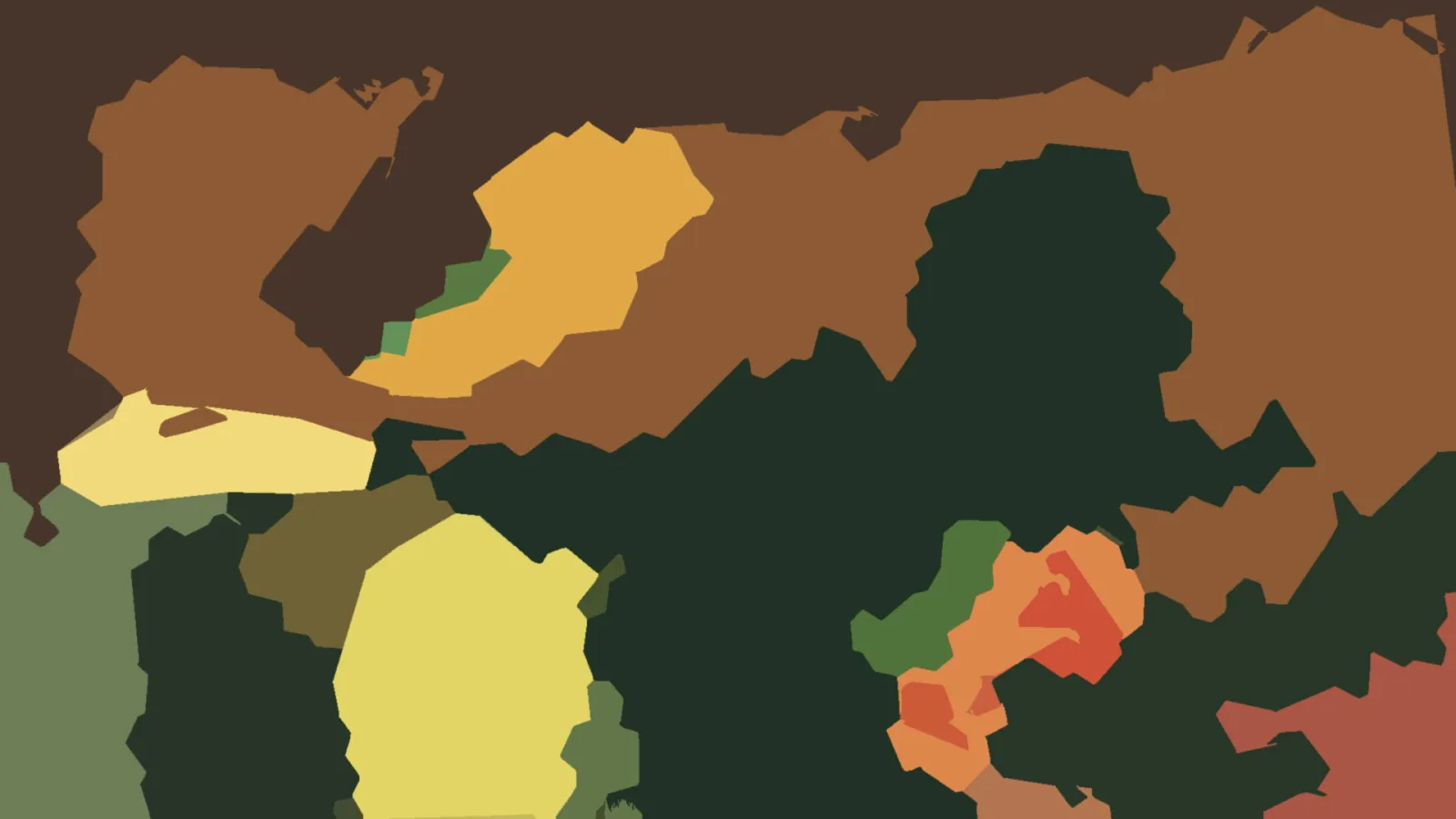 Abstrakte Komposition aus flächigen, unregelmäßig geformten Feldern in Braun, Dunkelgrün, Gelb, Orange und Rot.