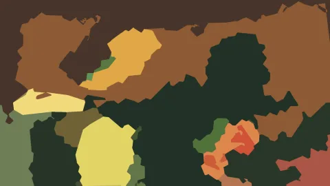 Abstrakte Komposition aus flächigen, unregelmäßig geformten Feldern in Braun, Dunkelgrün, Gelb, Orange und Rot.