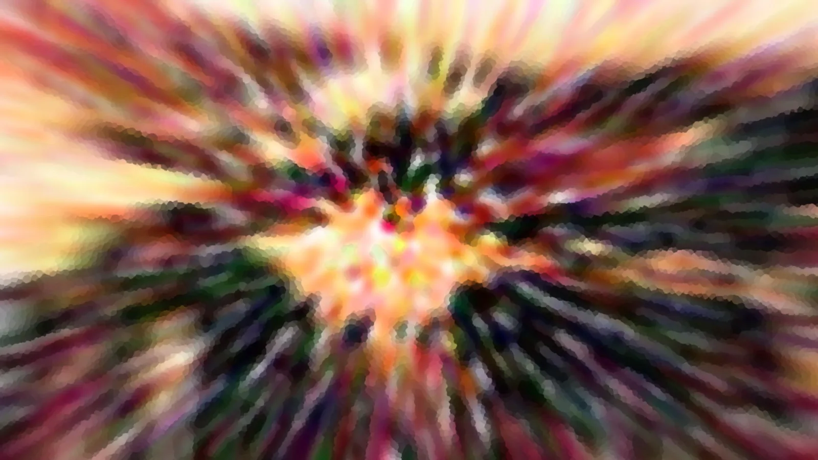 Abstrakte Komposition aus bunten Farbstrahlen, die von einem hellen Zentrum radial nach außen verlaufen, mit weichen Übergängen in Rosa, Orange, Gelb und Grün.