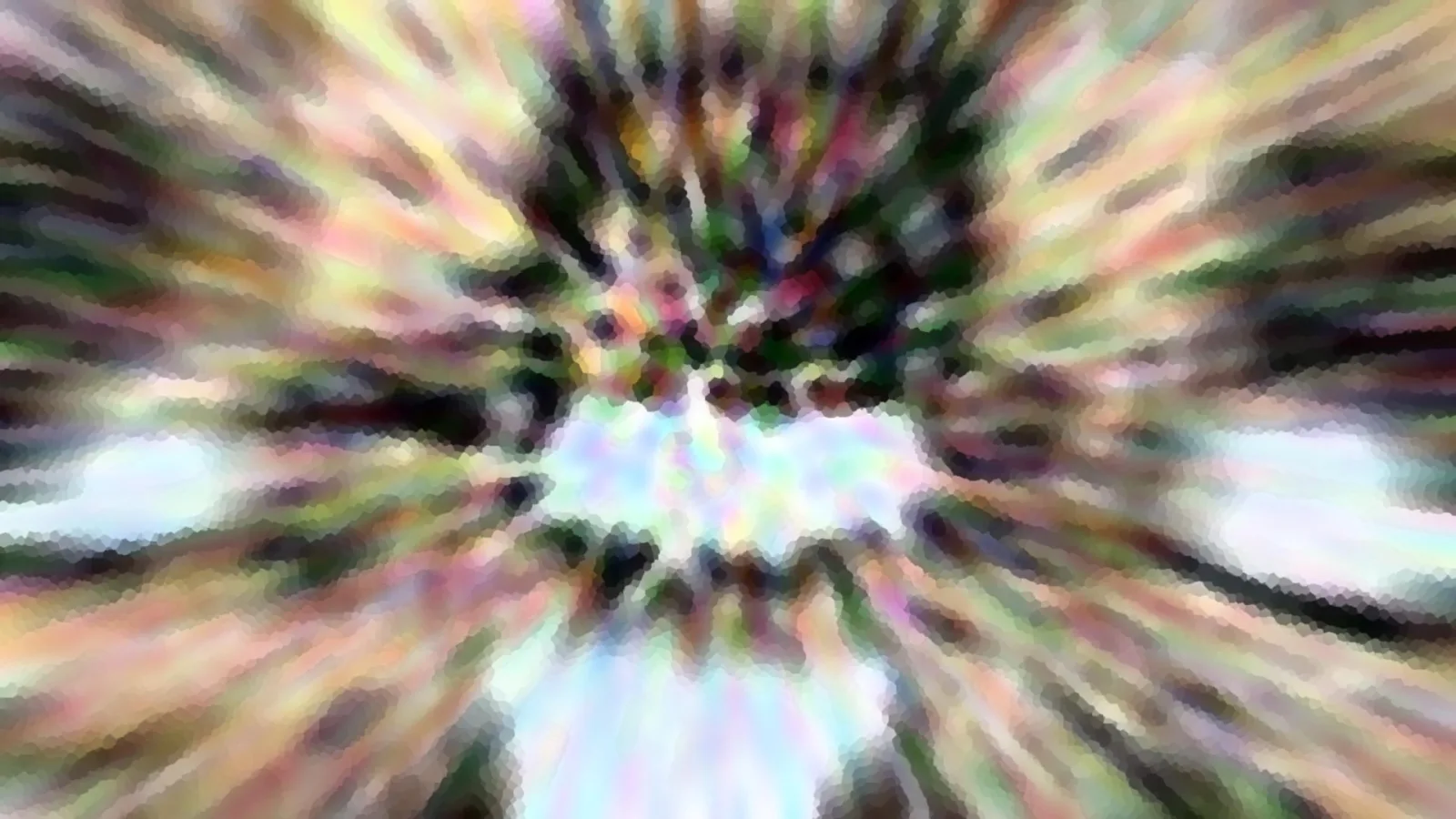Abstrakte Komposition aus bunten, radial verwischten Streifen in Grün, Rosa und Weiß mit mosaikartiger Pixelstruktur.