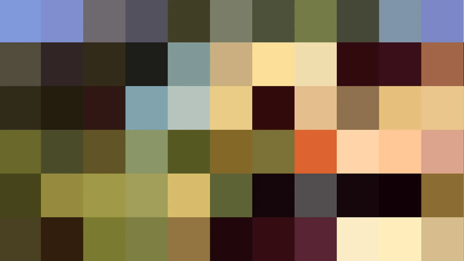 Rechteckiges Raster aus kleinen Farbfeldern in Blau, Oliv, Braun, Schwarz, Orange und Creme.