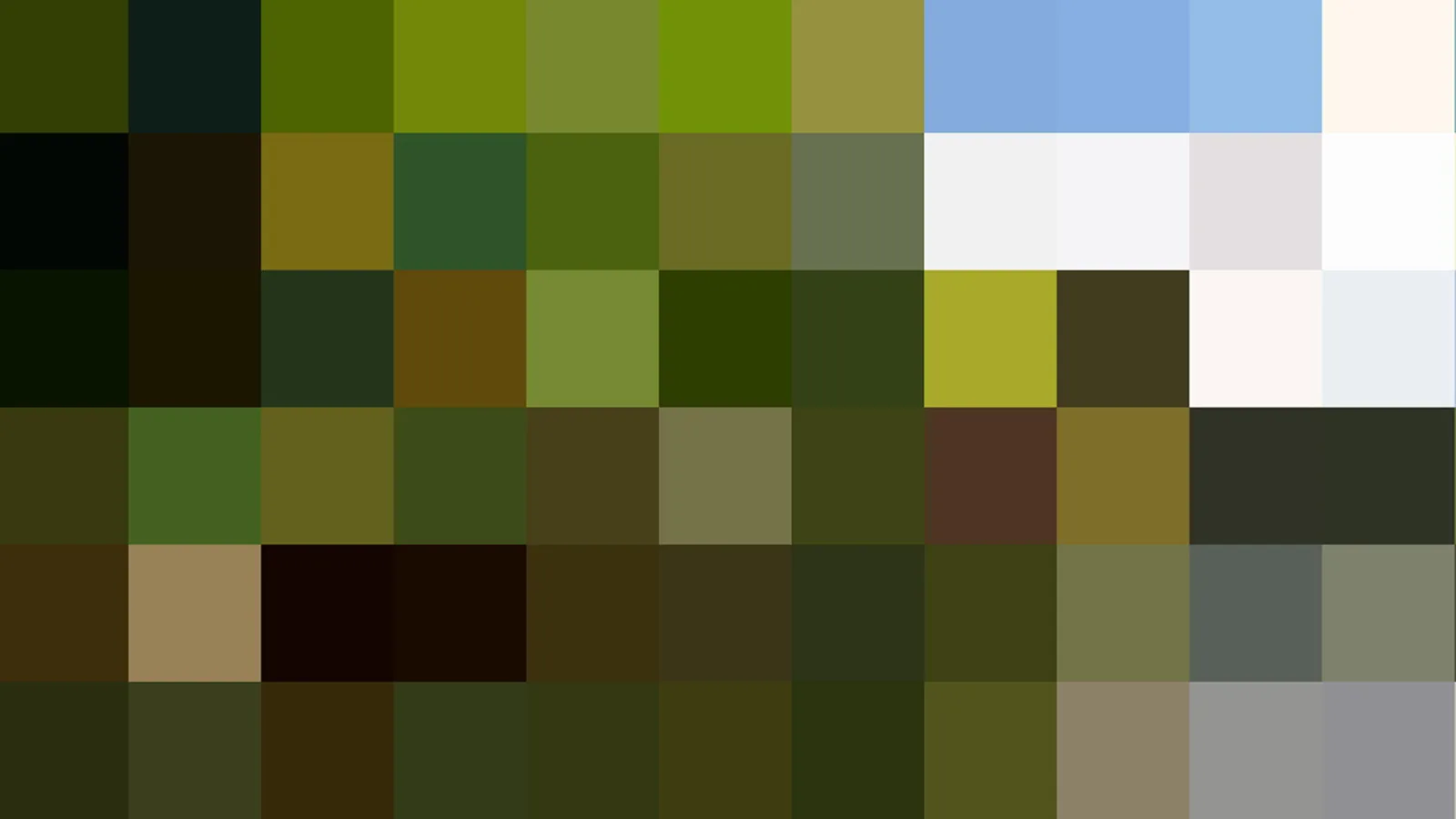 Ein Raster aus quadratischen Farbfeldern in Olivgrün, Dunkelgrün, Braun, Hellblau und Weiß, die wie ein grob aufgelöstes Pixelbild wirken.