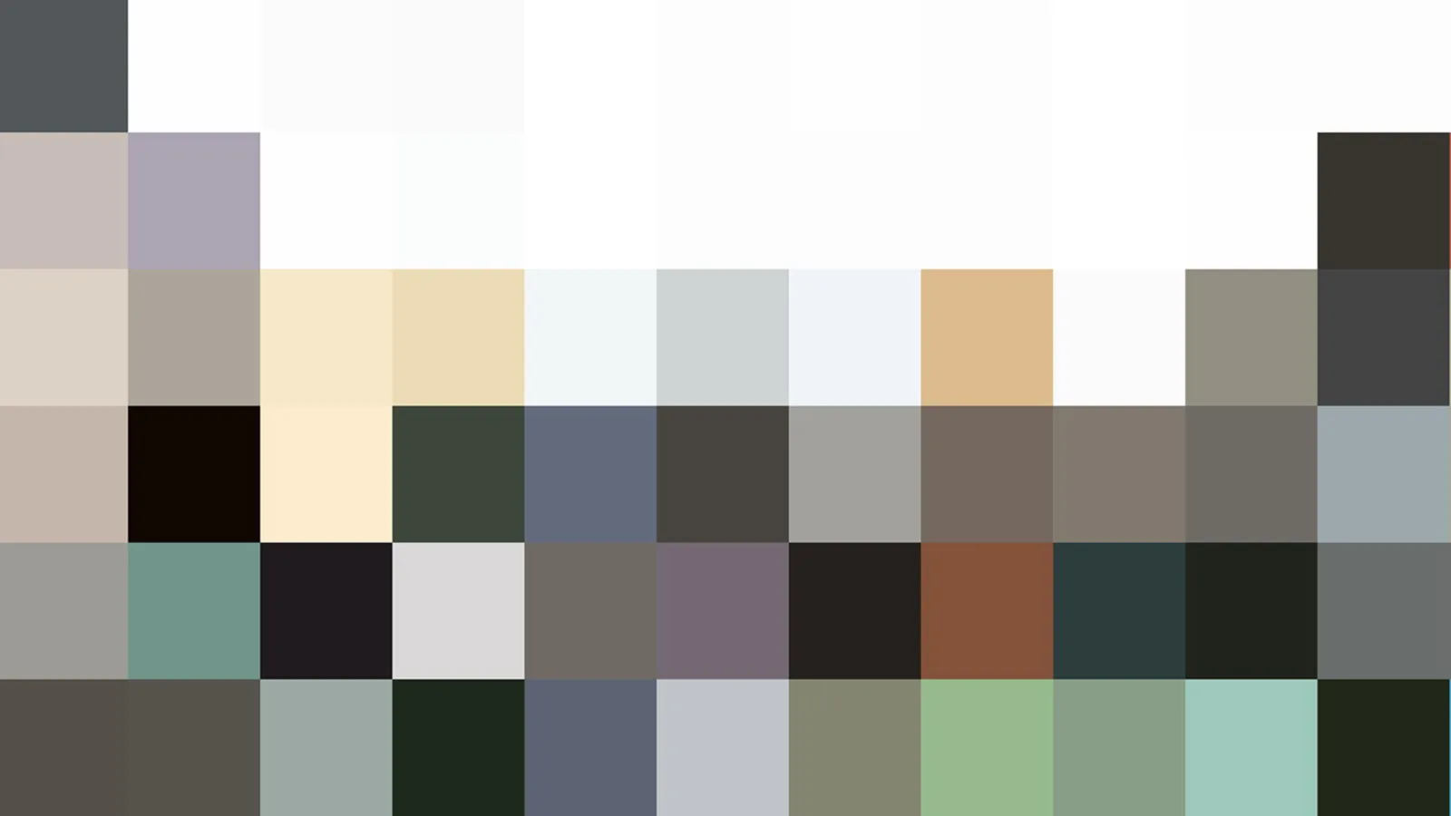 Abstraktes Raster aus farbigen Quadraten in Weiß, Grau, Beige und Dunkelgrün.