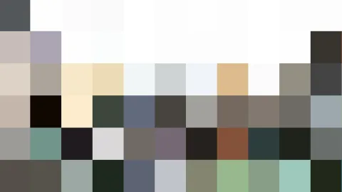 Abstraktes Raster aus farbigen Quadraten in Weiß, Grau, Beige und Dunkelgrün.