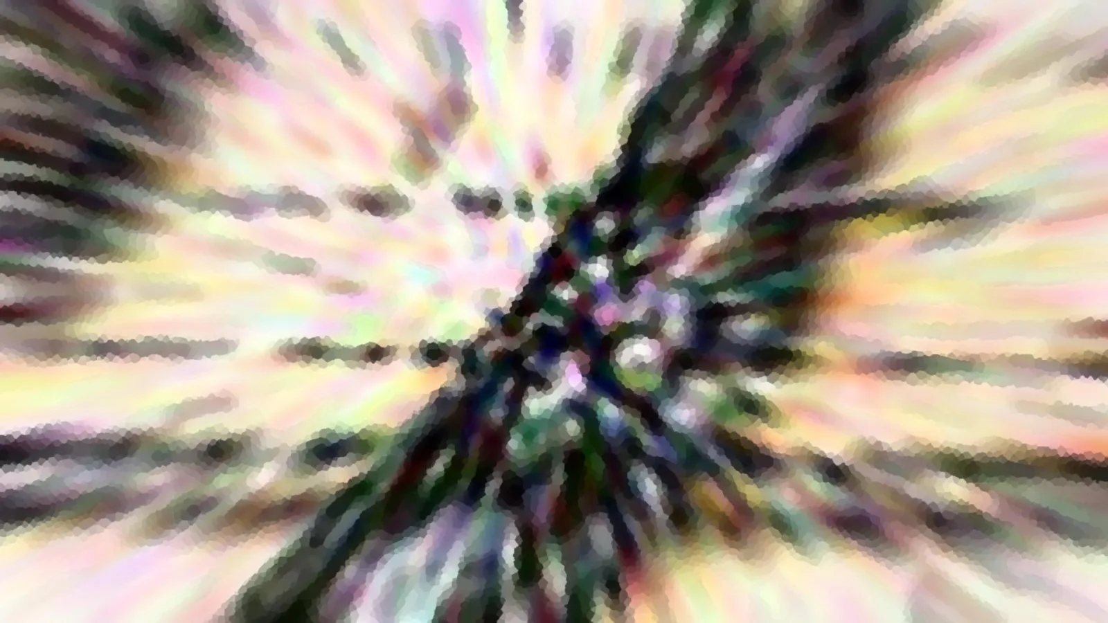 Abstrakte Komposition aus radial von der Mitte ausgehenden, verpixelten Streifen in Pastellfarben mit dunklem Zentrum
