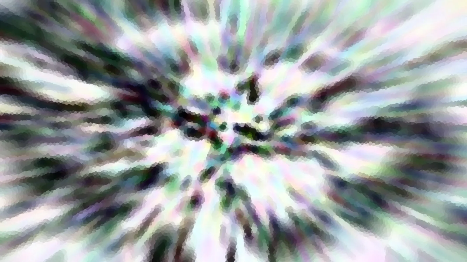Abstrakte radiale Unschärfe mit grünen, weißen und violetten Streifen, die vom Zentrum nach außen laufen, dazwischen dunkle Flecken und eine mosaikartige Pixelstruktur.