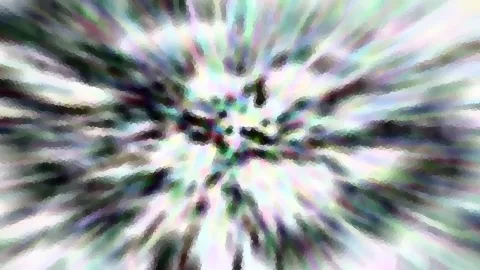 Abstrakte radiale Unschärfe mit grünen, weißen und violetten Streifen, die vom Zentrum nach außen laufen, dazwischen dunkle Flecken und eine mosaikartige Pixelstruktur.