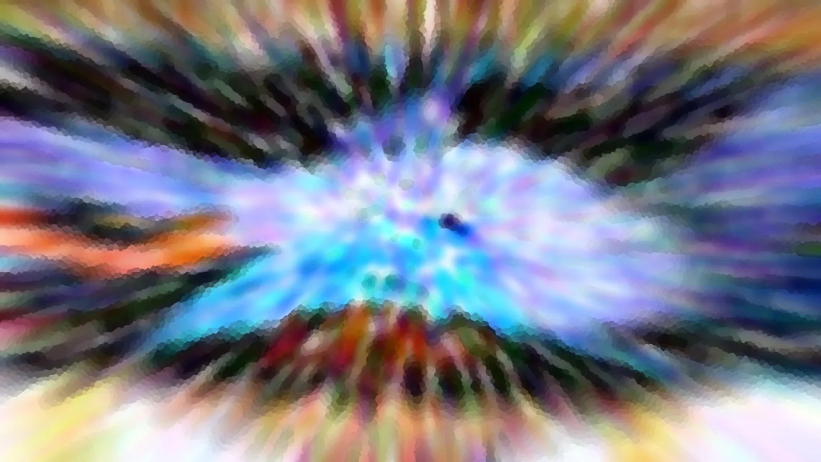 Abstrakte Komposition aus radial vom Zentrum nach außen gezogenen Farbstreifen in Blau, Violett, Orange und Grün, mit einem hellen blauen Kern und einem kleinen dunklen Fleck rechts der Mitte.