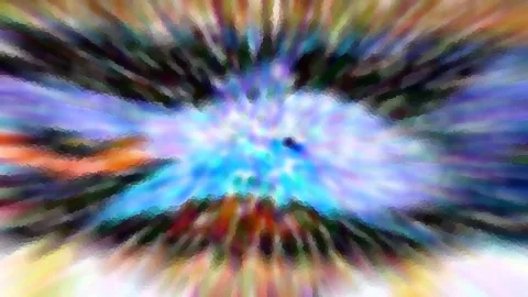Abstrakte Komposition aus radial vom Zentrum nach außen gezogenen Farbstreifen in Blau, Violett, Orange und Grün, mit einem hellen blauen Kern und einem kleinen dunklen Fleck rechts der Mitte.