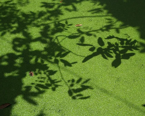 Schatten von Blättern und Zweigen auf einer dichten grünen Wasserlinsendecke, dazwischen zwei trockene Blätter.
