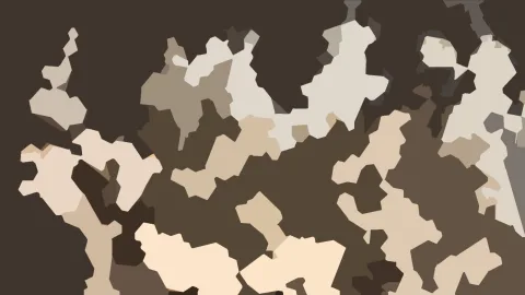 Abstrakte Komposition aus unregelmäßigen, hell- bis dunkelbraunen und cremefarbenen Flächen auf dunklem Grund.