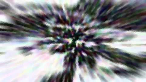 Abstrakte Komposition aus radial verlaufenden, verwischten Strukturen in Schwarz, Weiß und Grün mit bunten Farbsplittern, die von einem dunklen Zentrum nach außen strahlen.