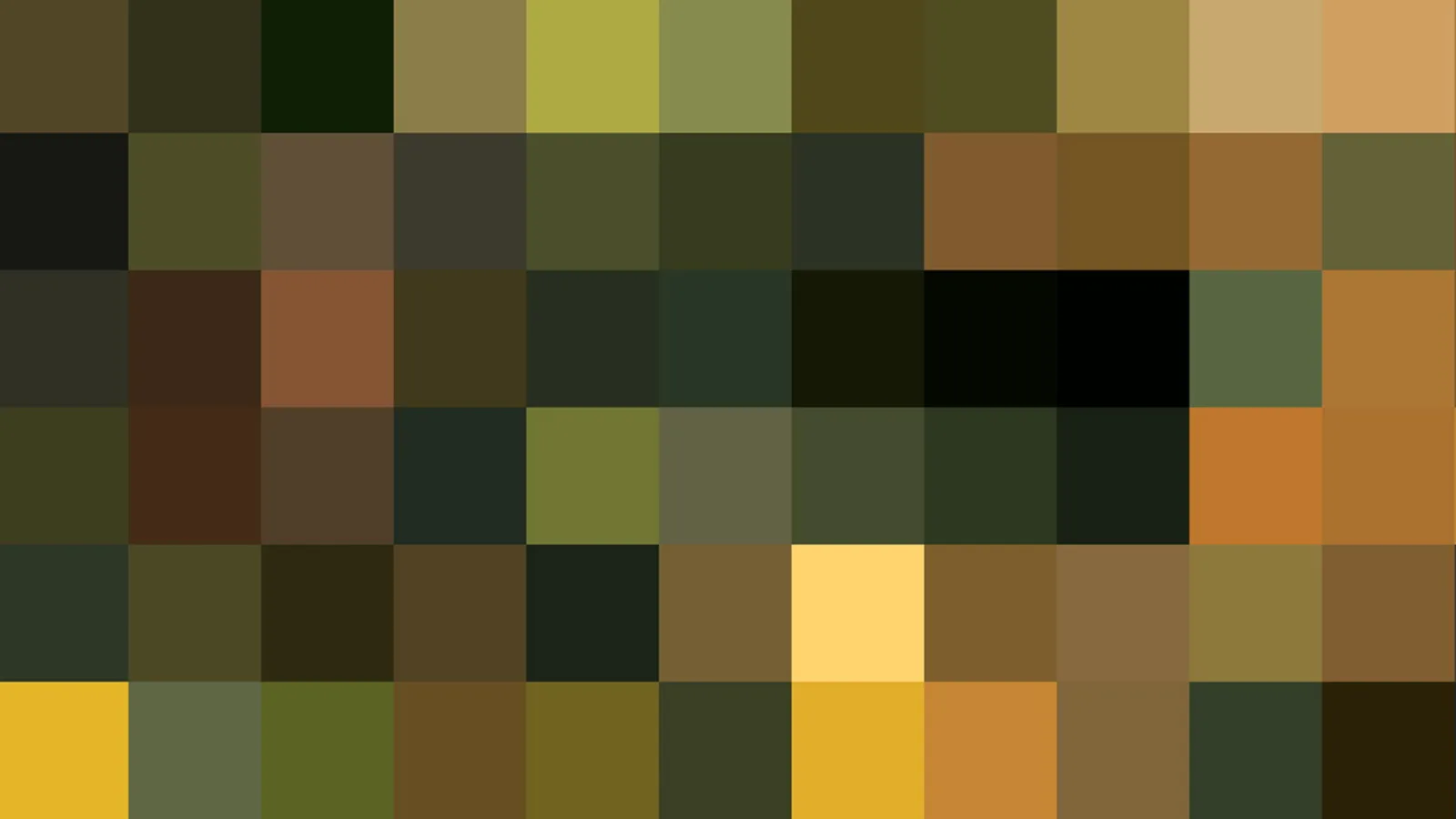 Abstraktes Mosaik aus quadratischen Pixelblöcken in Oliv-, Braun-, Ocker- und Gelbtönen, unten links einige leuchtend gelbe Felder.
