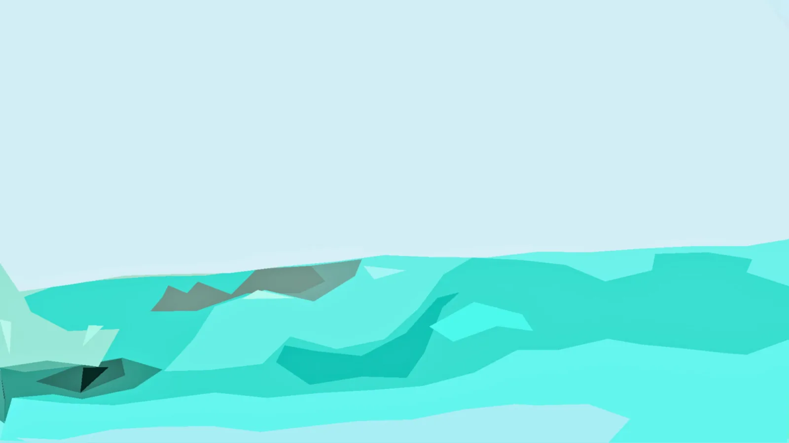 Abstrakte Landschaft aus türkisfarbenen Polygonen unter hellblauem Himmel, Hügel im unteren Drittel.
