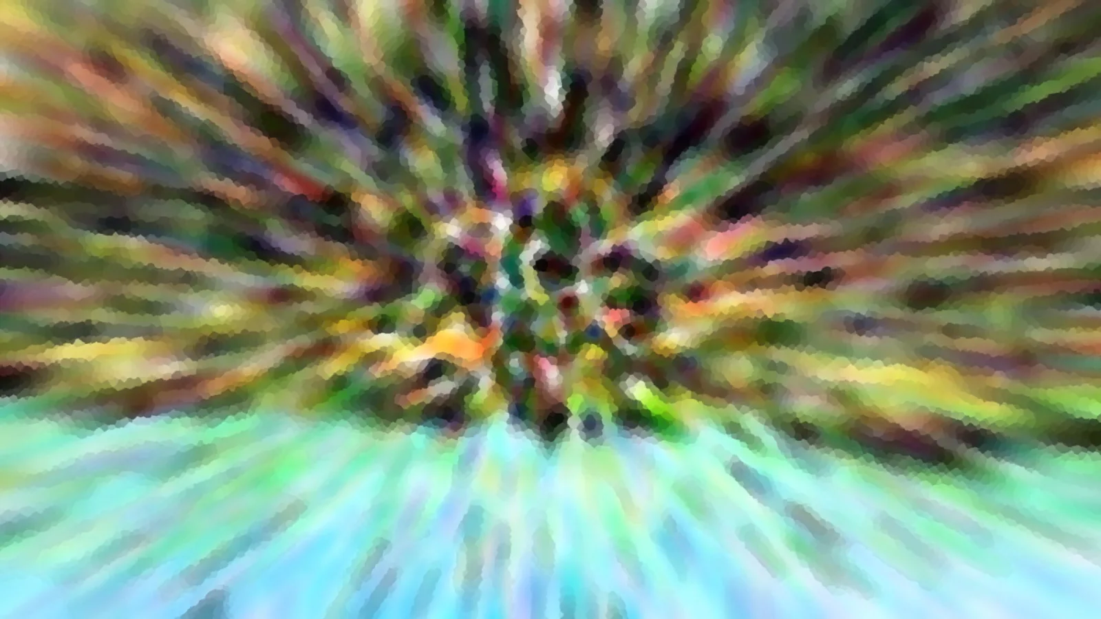 Abstrakte Komposition mit radial nach außen laufenden, verwischten Farbstreifen in Grün, Violett, Gelb und Türkis, im Zentrum dichter und dunkler, unten in hellem Türkis.