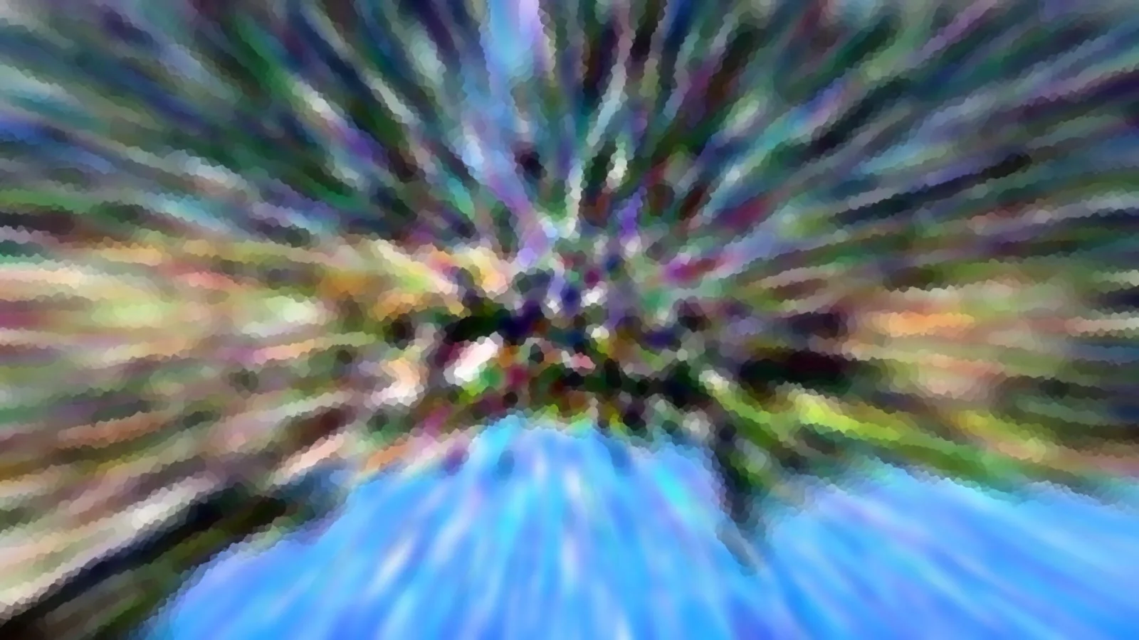 Abstrakte Komposition aus farbigen Streifen, die von einem hellen Zentrum radial nach außen laufen; unten dominiert eine blaue Fläche.