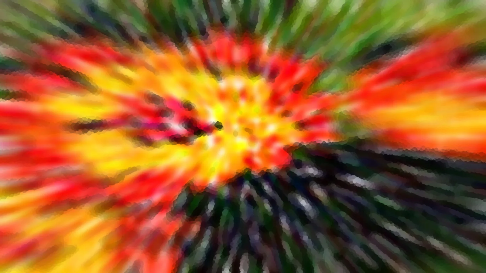 Abstraktes Bild mit einem hellen gelben Zentrum, von dem rote, orangefarbene und grüne Streifen radial nach außen laufen, unscharf und bewegt wirkend.