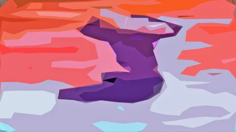 Abstrakte Komposition aus flachen, kantigen Farbflächen in Orange, Rosa, Lila und Hellblau, in der Mitte eine dunkel violette Form.