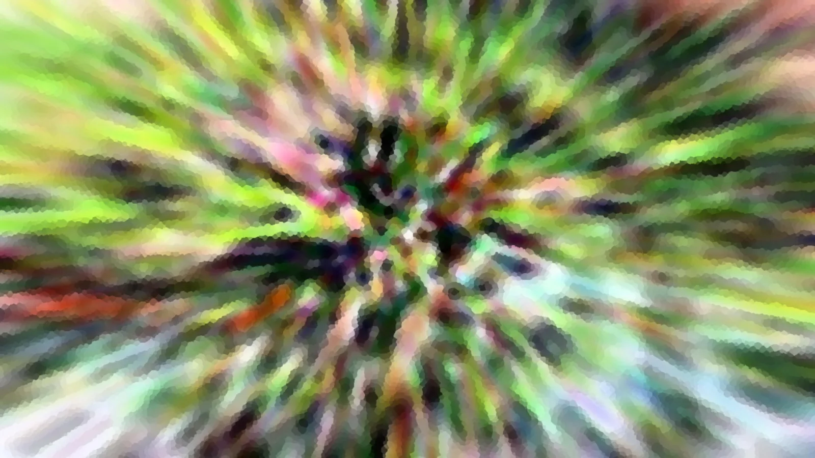 Abstrakte Komposition aus grünen, roten und weißen Farbstrahlen, die von einem dunklen Zentrum nach außen laufen, mosaikartig gepixelt.