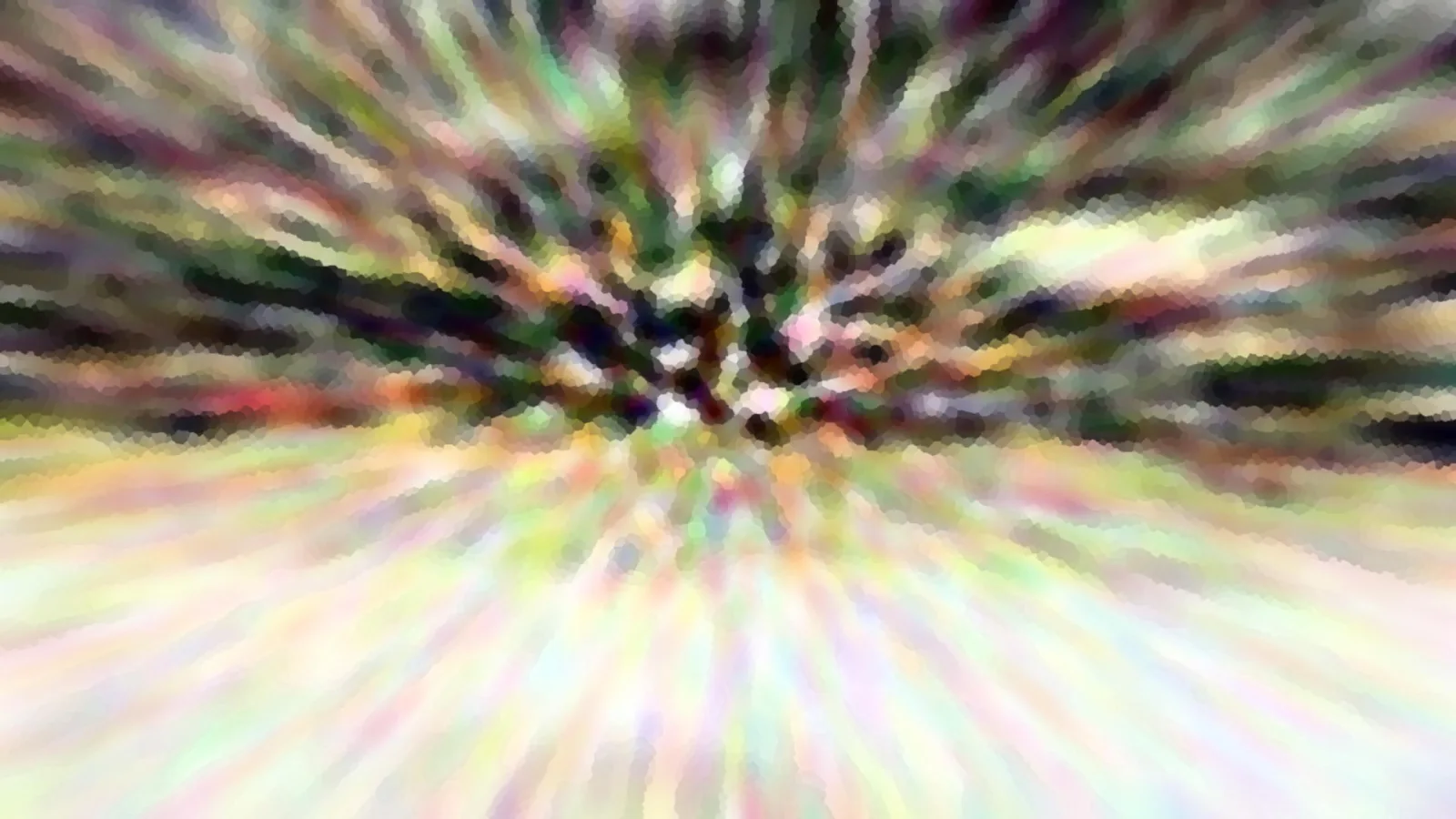 Abstrakte Komposition aus bunten, radial vom dunklen Zentrum nach außen laufenden Schlieren in Grün, Rosa, Gelb und Weiß, mosaikartig verpixelt.