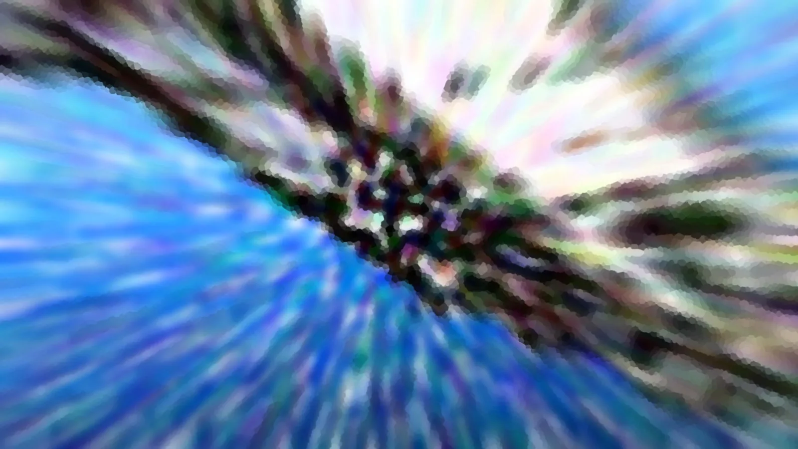 Abstrakte Aufnahme mit radialem Zoomeffekt: blaue Streifen laufen von den Rändern zur Mitte, dort verdichten sich dunkle und helle Farbflecken zu einem Knotenpunkt.
