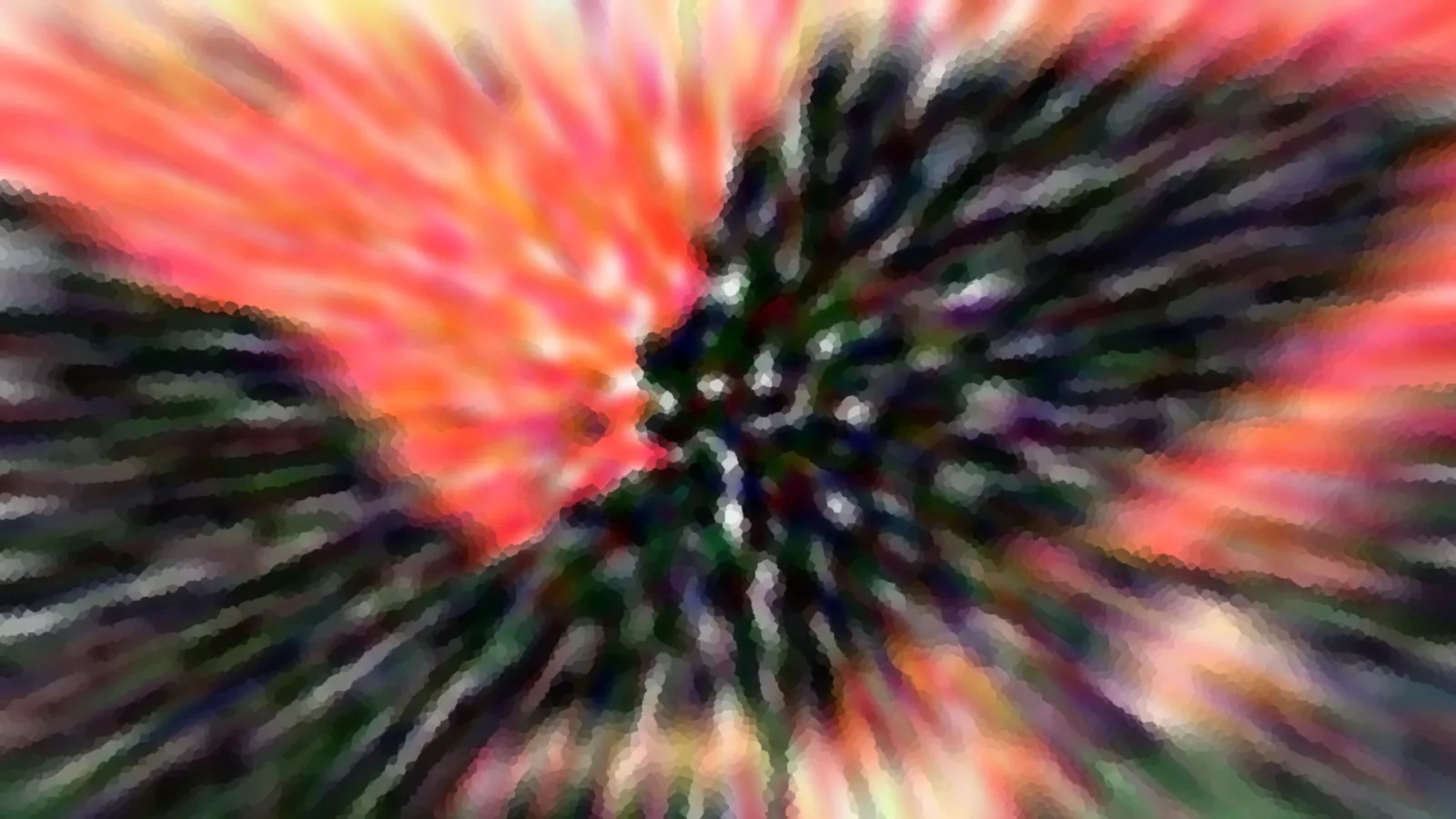 Abstrakte Komposition aus radial angeordneten, verwischten Streifen in Rot, Orange, Schwarz und Grün, die von einem dunklen Zentrum nach außen strahlen.