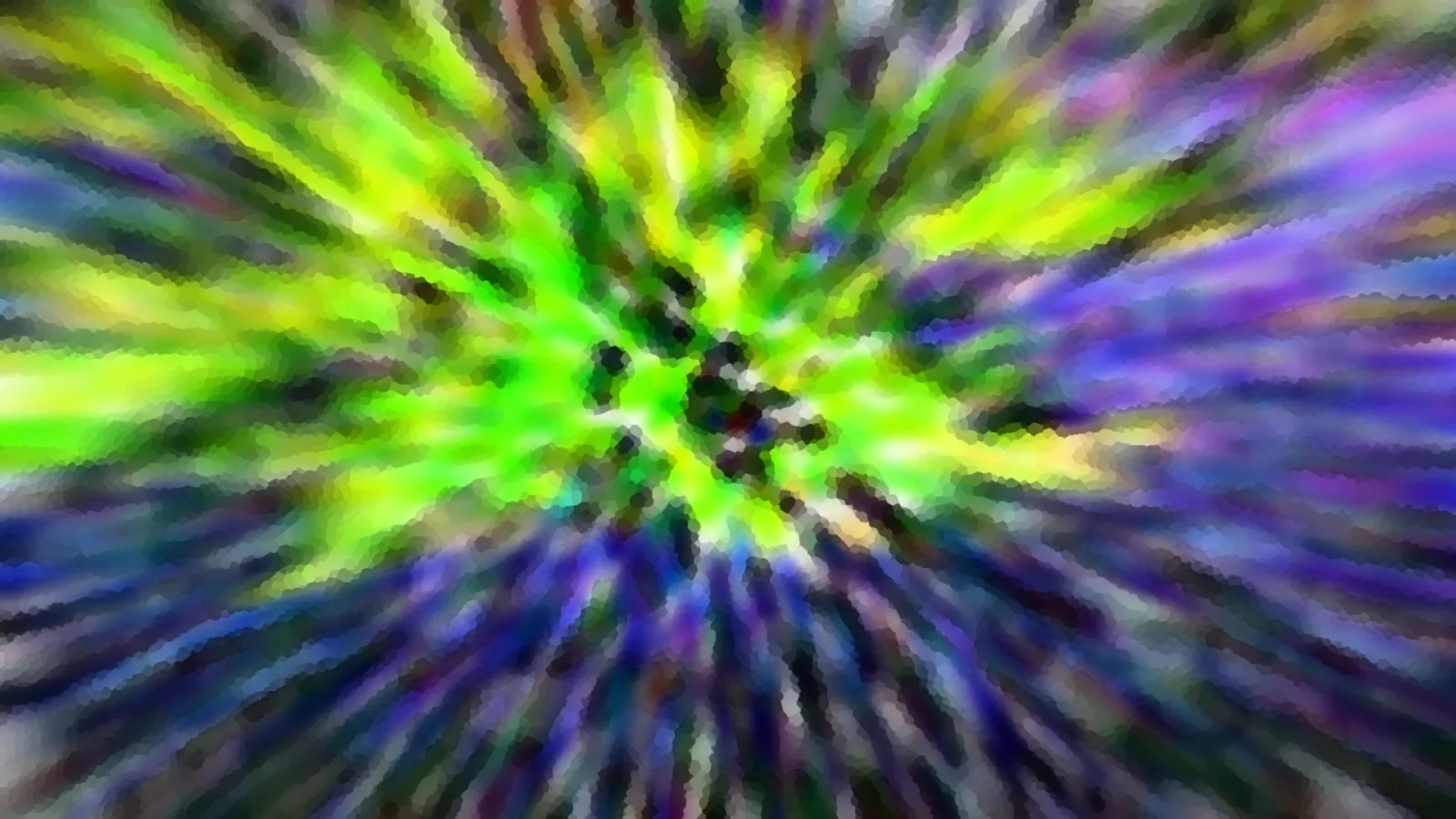 Abstraktes Bild mit radial von der Mitte ausstrahlenden Streifen in Grün, Gelb, Blau und Violett, verwischt und pixelig