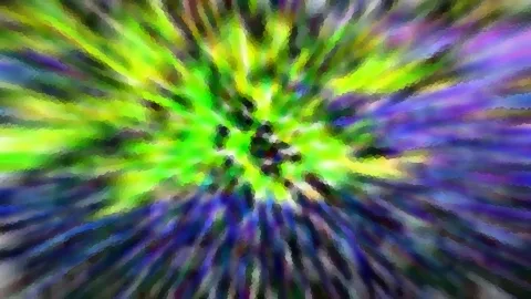 Abstraktes Bild mit radial von der Mitte ausstrahlenden Streifen in Grün, Gelb, Blau und Violett, verwischt und pixelig
