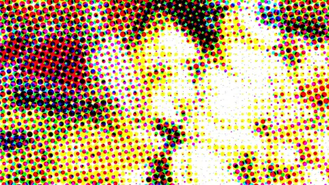 Raster aus farbigen Punkten in Rot, Gelb, Grün, Blau und Schwarz auf weißem Grund, die sich in den Ecken zu dunklen Flächen verdichten.