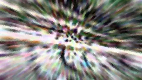 Abstrakte Komposition aus bunten Streifen, die radial von einem hellen Zentrum nach außen laufen, leicht mosaikartig verpixelt.