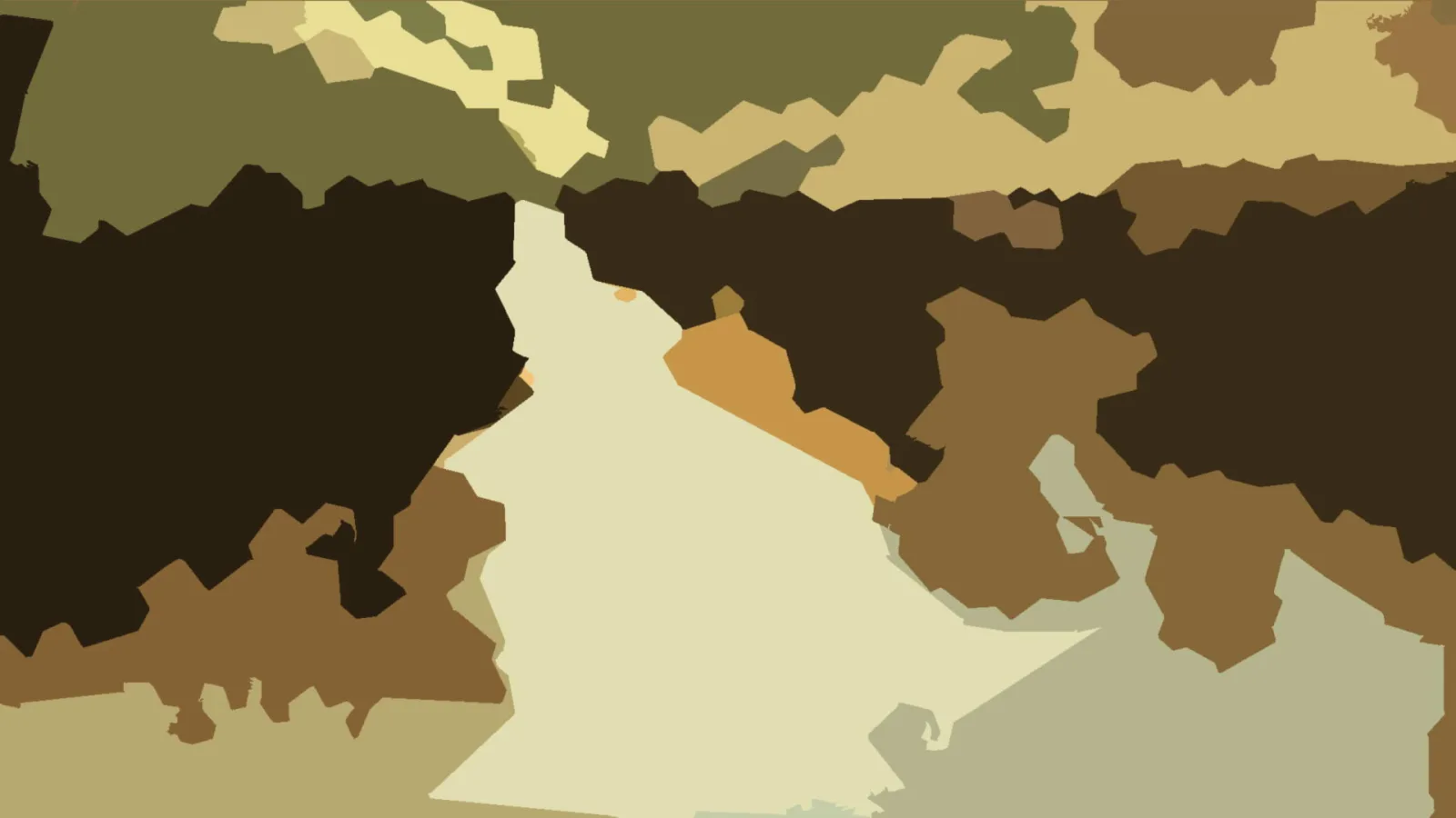Abstrakte Komposition aus unregelmäßigen, zackigen Flächen in Oliv, Beige, Ocker und dunklem Braun, die sich über das gesamte Bild verteilen.