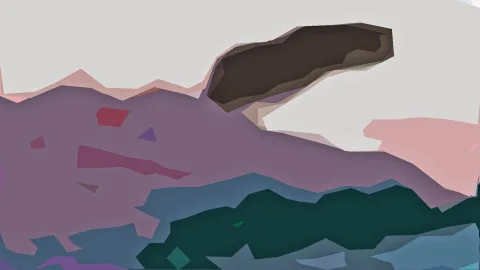 Abstrakte Komposition aus kantigen, flachen Farbflächen in Mauve, Rosa, Dunkelgrün und Blaugrau, oben rechts eine dunkelbraune, gerundete Form vor hellgrauem Hintergrund.