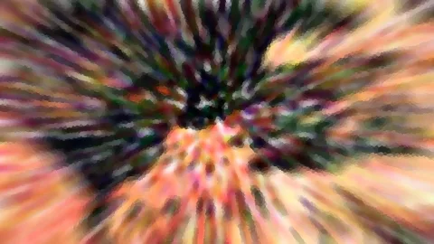 Abstraktes Bild mit radialen Schlieren in Orange, Rosa, Gelb und dunklem Grün, die von einem dunklen Zentrum nach außen laufen.