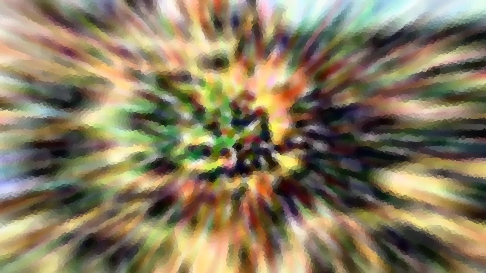 Abstrakte Komposition aus radial nach außen laufenden Farbstreifen in Grün, Orange und Schwarz, mosaikartig pixelig