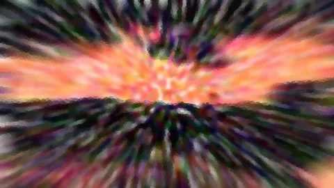 Abstrakte Landschaft mit orangefarbenem Himmel über dunklen Hügeln, die von einem radialen Bewegungsunschärfe-Effekt überzogen ist.