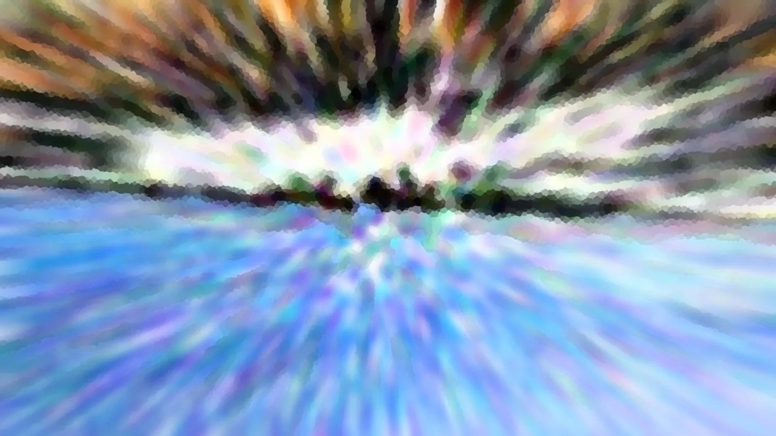 Abstrakte Komposition mit radialen Schlieren in Orange, Grün und Blau, am Horizont dunkle Konturen.