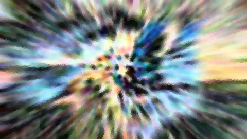 Abstraktes Bild mit radial verwischten bunten Farbstreifen, die von einem dunklen Zentrum nach außen laufen, links und rechts schimmert ein heller Horizont.