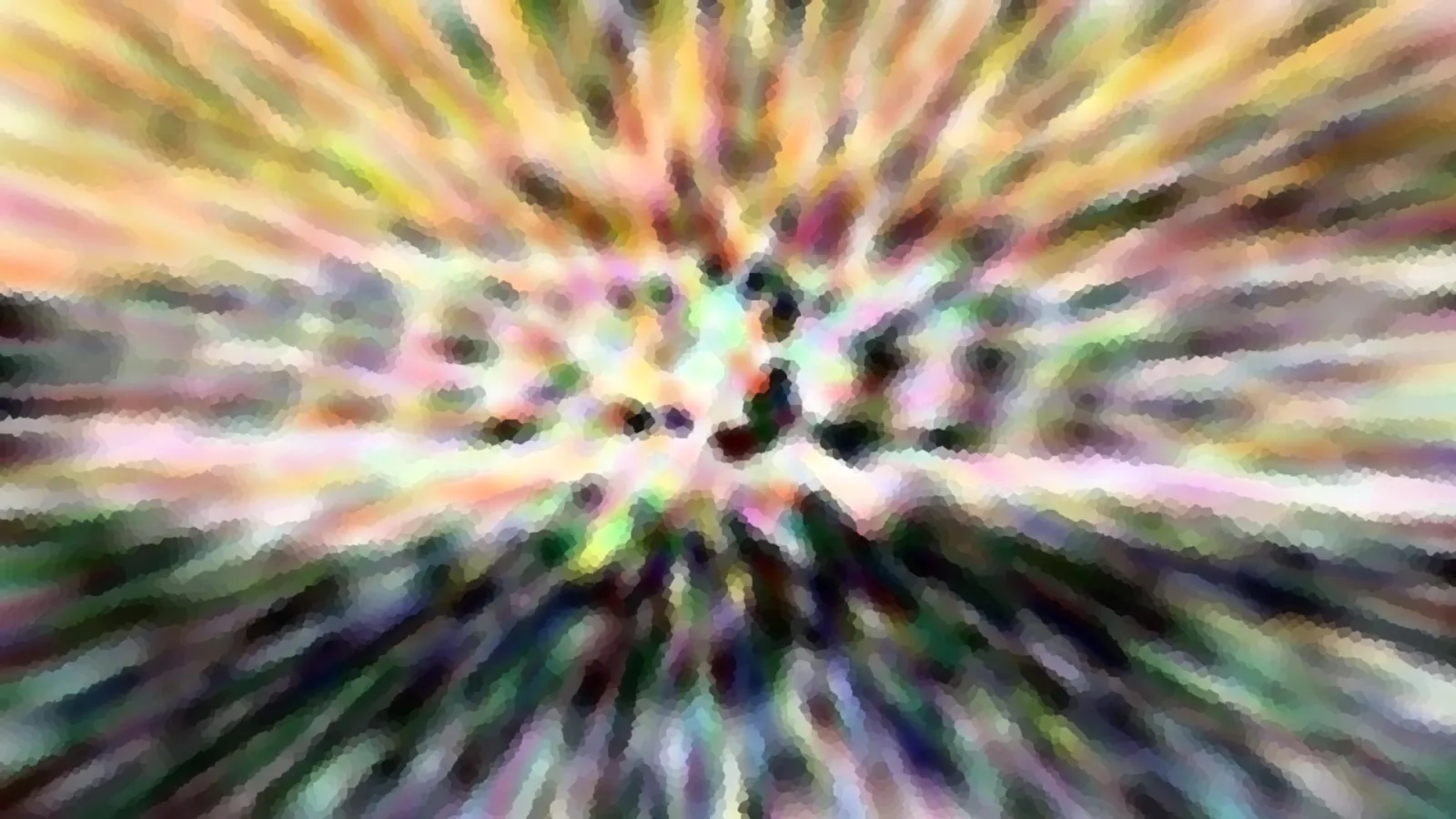 Abstrakte, radial verlaufende Farbstreifen in Gelb, Rosa und Grün mit dunklen Flecken im Zentrum, pixelig gerastert.