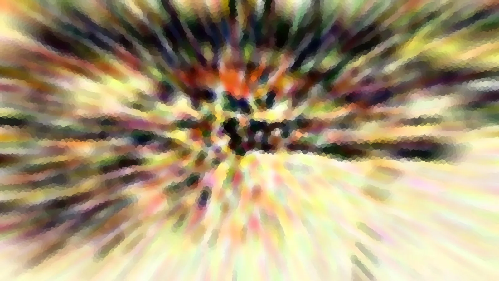 Abstraktes Bild mit bunten Strahlen, die von einem dunklen Zentrum in der Mitte nach außen laufen, grob gepixelt und verwischt.
