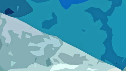Abstrakte Komposition aus kantigen blauen und türkisfarbenen Flächen im oberen Bereich, darunter helle graue Flächen, diagonal getrennt.