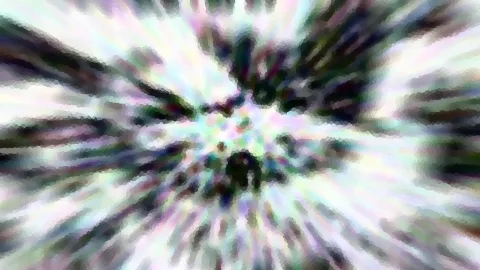 Abstrakte Komposition aus hellen, pastellfarbenen Streifen, die von einem dunklen Zentrum radial nach außen laufen, mit grobem Pixelraster.