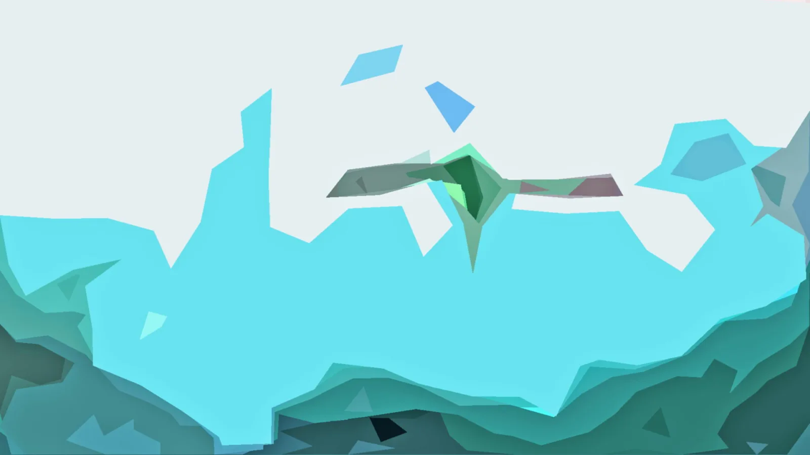 Abstrakte Low-Poly-Grafik in Türkis und Grau mit einem grün-grauen, vogelartigen Motiv in der Mitte